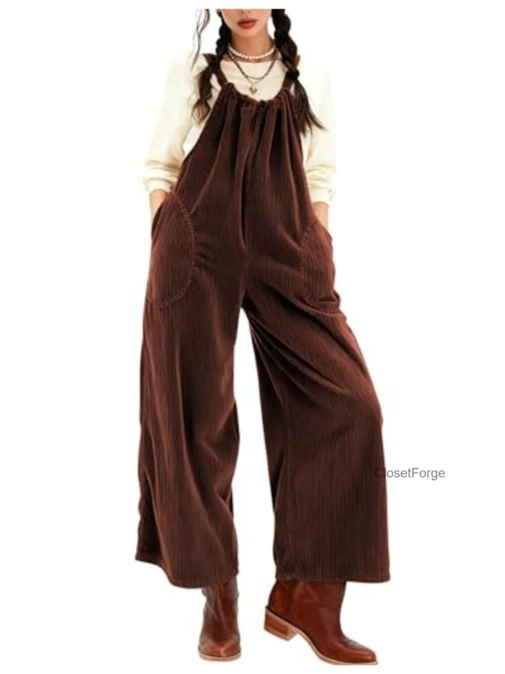 Corduroy Overalls Wide Leg Bib Jumpsuit Sleeveless Pockets